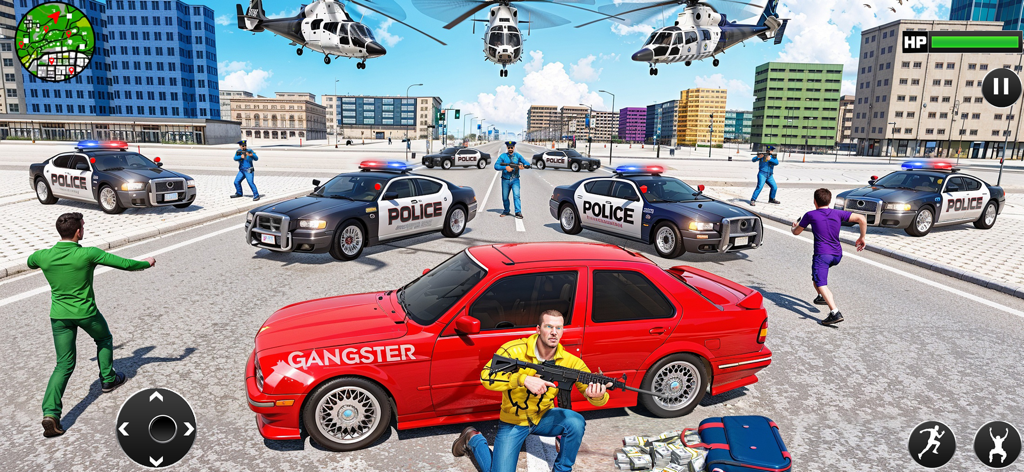 A gangster with an assault rifle facing a police standoff with cars and helicopters in the city