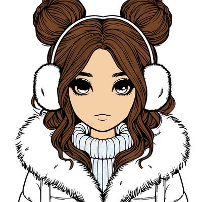 realistic girl with buns on her head wearing fur coat and earmuffs