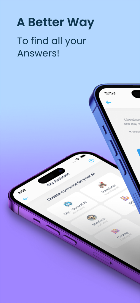 Sky AI - Sky AI app interface on iPhone showing specialized AI assistant personas including SEO, Coding, and Translator