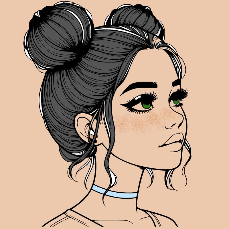 realistic girl with buns on the top of her head