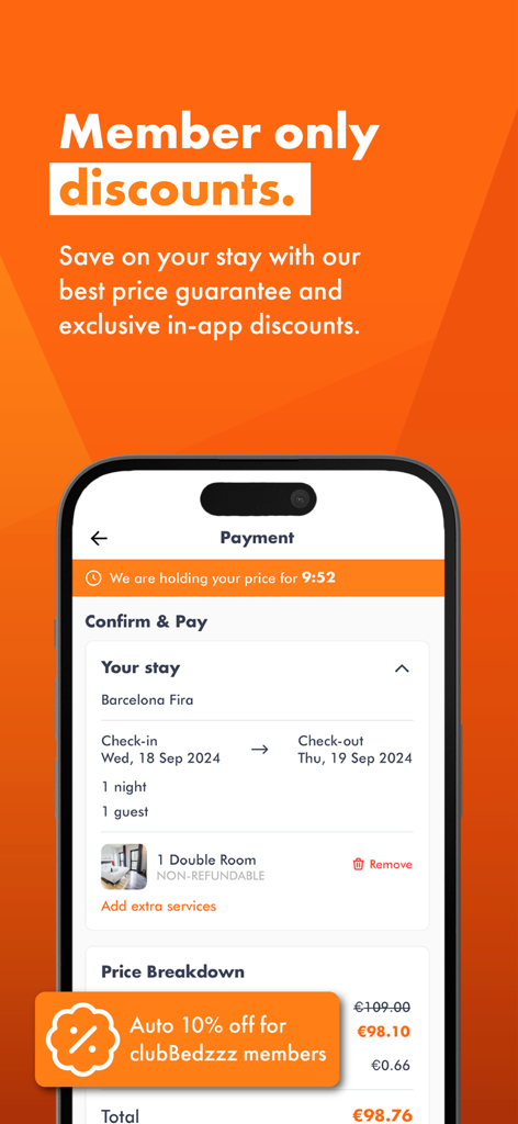 easyHotel - Book Value Stays - easyHotel app payment screen displaying a booking with clubBedzzz member discounts
