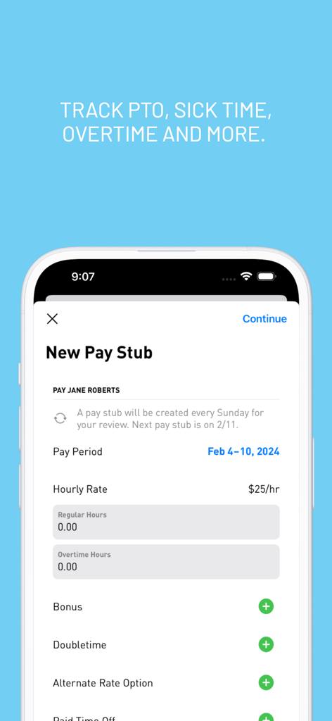 Nest Payroll app screen for creating a new pay stub including tracking for hours and PTO