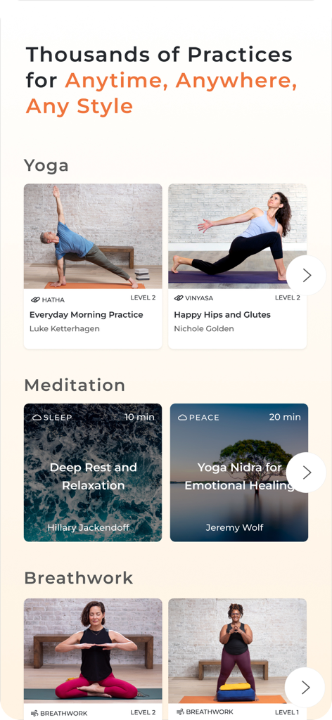 Yoga International - Yoga International app interface showing yoga meditation and breathwork practice categories