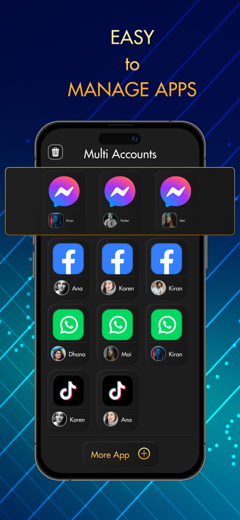 Interface de l'application Parallel Space montrant plusieurs comptes pour Messenger, Facebook, WhatsApp et TikTok sur un seul écran de téléphone.