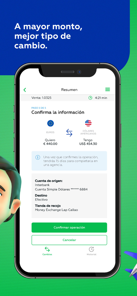 Money Exchange Interbank - Transaction summary screen of the Money Exchange Interbank app showing a currency conversion from US dollars to Euros with confirmation details