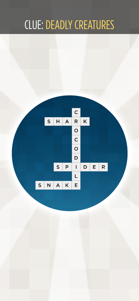 Bonza Planet - Une grille de mots croisés de l'application Bonza Planet présentant des mots comme requin, crocodile, araignée et serpent sous l'indice « Créatures mortelles ».
