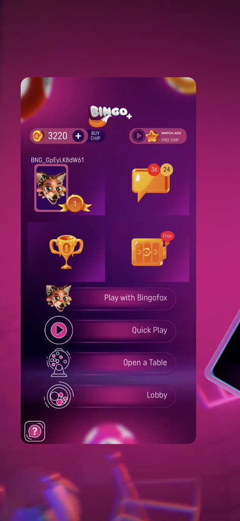 Menú principal de Bingo Plus Juegos Online con modos de juego como Juego Rápido y Abrir una Mesa
