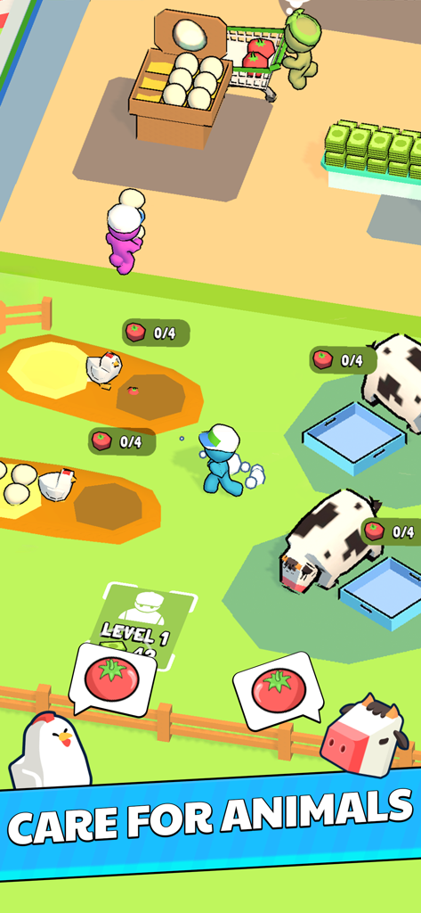 Un personaje jugador gestionando animales de granja, incluyendo vacas y pollos, para recolectar productos en Mi Mini Súper.