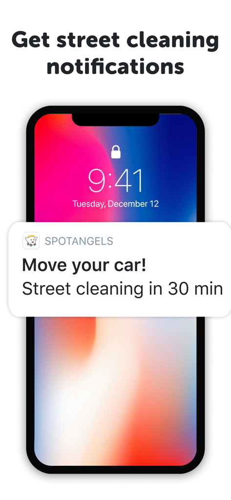SpotAngels mobile app street cleaning notification on an iPhone lock screen