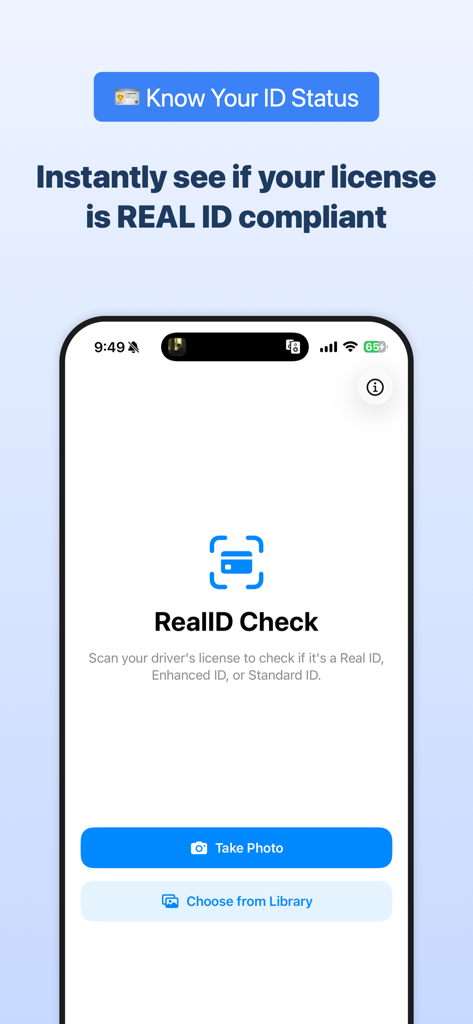 RealID Check - Main screen of the RealID Check app showing options to scan or upload a driver license to verify TSA compliance