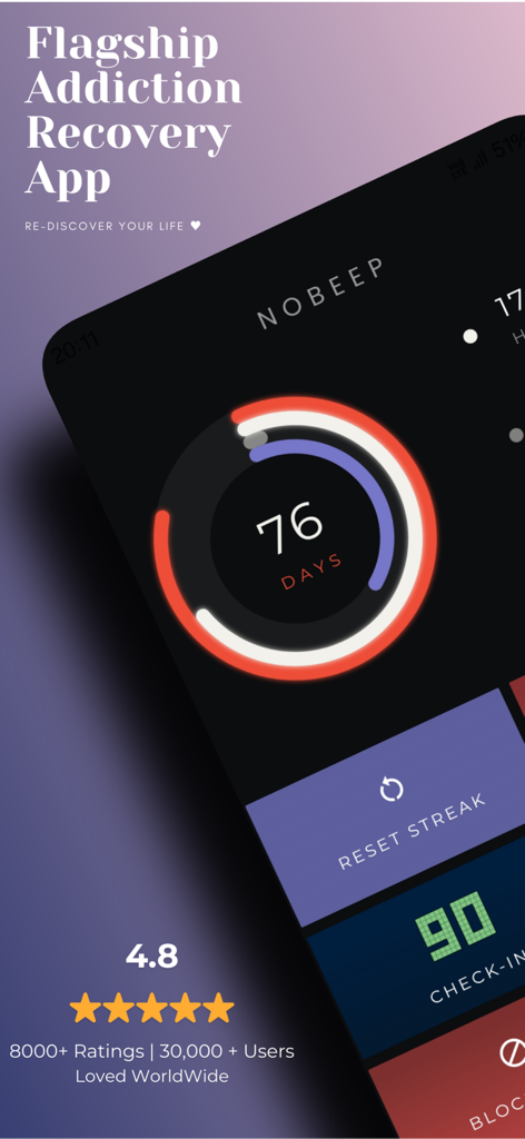 Interfaz de la aplicación móvil NoBeep que muestra una racha de sobriedad de setenta y seis días y altas calificaciones de usuario