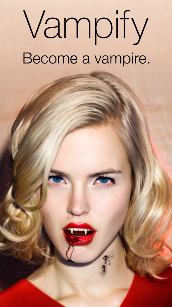 A blonde woman with realistic vampire fangs and blood effects using the Vampify app