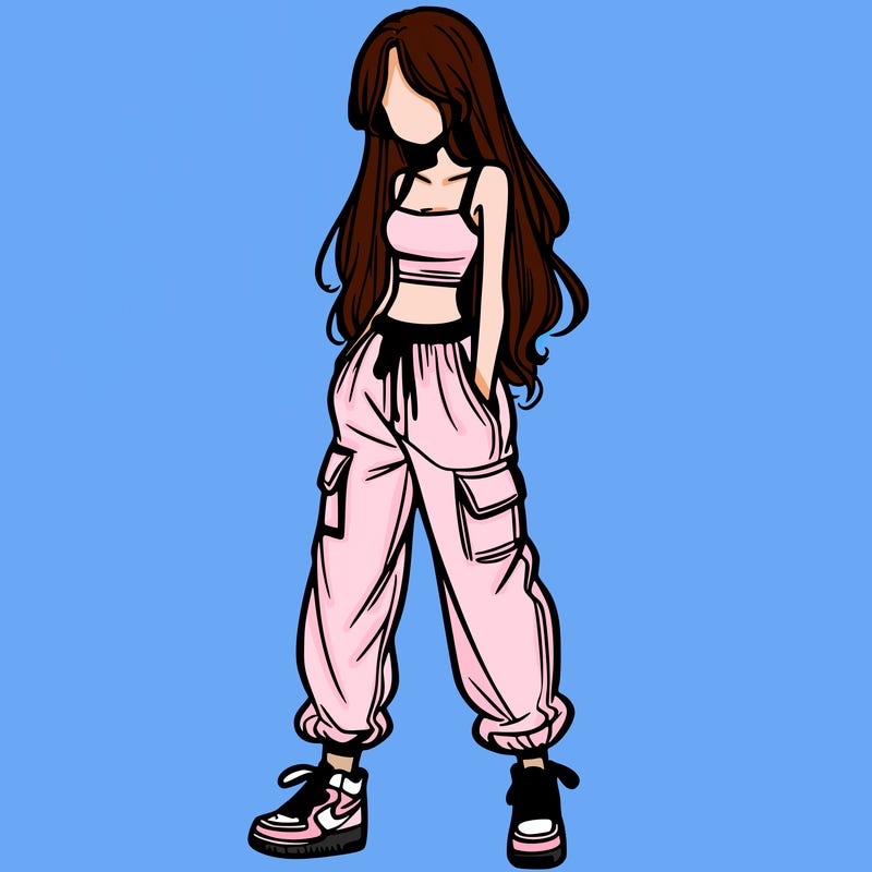 girl in baggy pants crop top and long hair