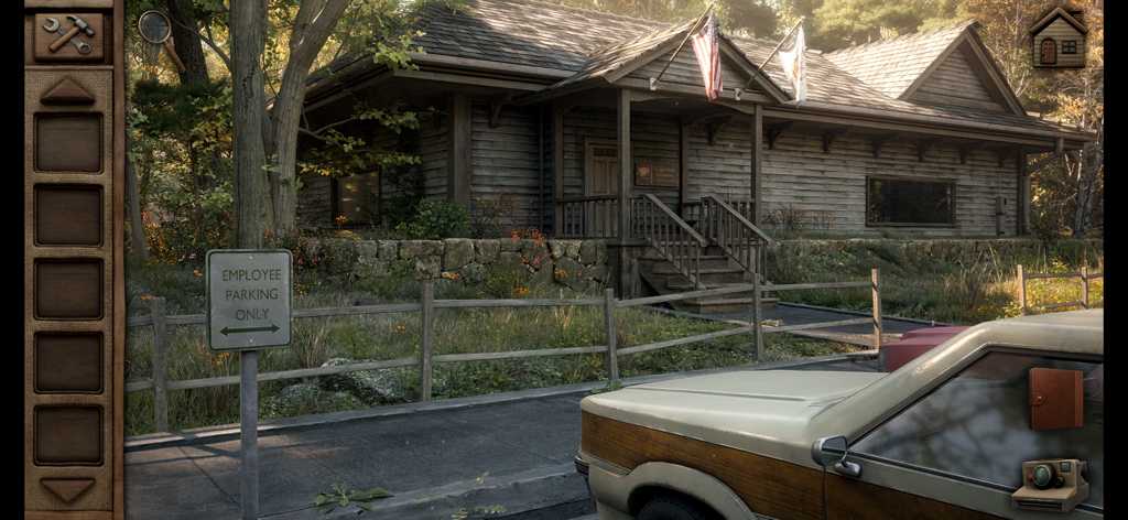 Aurora Hills: Chapter 1 - A wooden park ranger office and vintage car in a forest from Aurora Hills Chapter 1