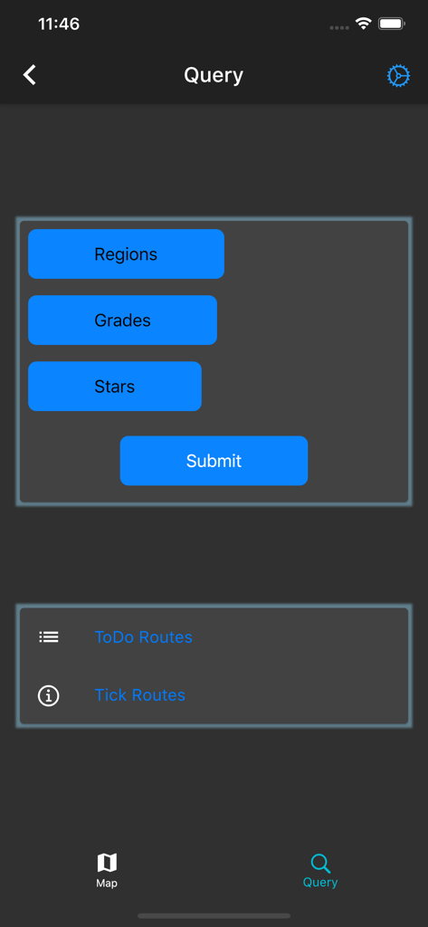 Una pantalla móvil que muestra filtros de búsqueda para regiones de escalada, grados y calificaciones de estrellas