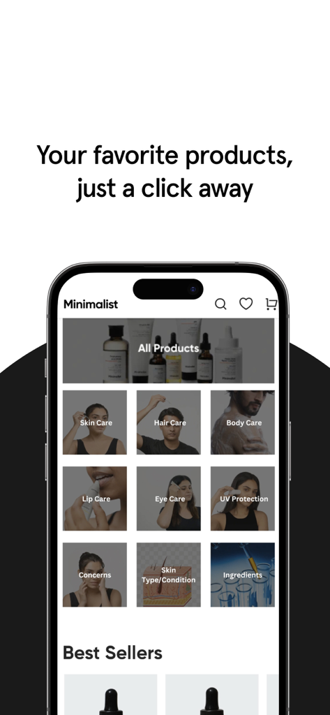 Minimalist - Minimalistアプリの画面。肌、髪、ボディケアのさまざまな製品カテゴリを表示しています。