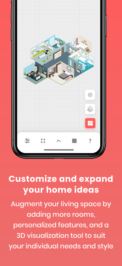 Abode - Home Design & Remodel - Pantalla de teléfono inteligente que muestra un plano de planta 3D de una casa para remodelación y diseño.