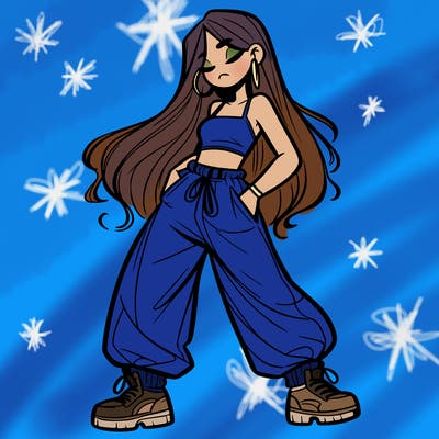 girl in baggy pants crop top and long hair