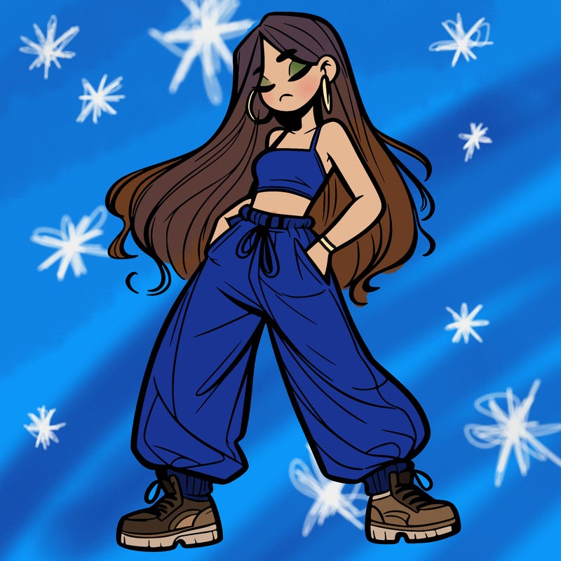 girl in baggy pants crop top and long hair