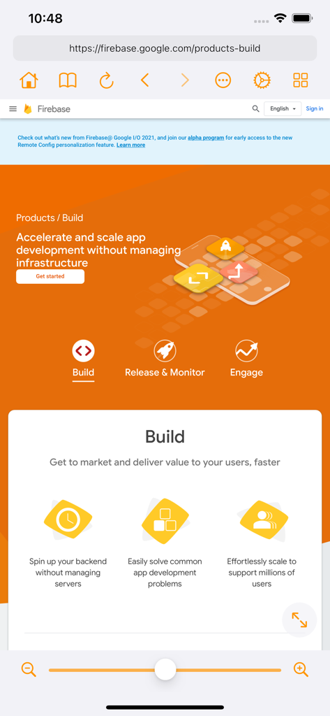 Desktop Browser • Zoomable - A mobile interface of the Desktop Browser app showing a desktop version of the Firebase website with a zoom slider at the bottom.