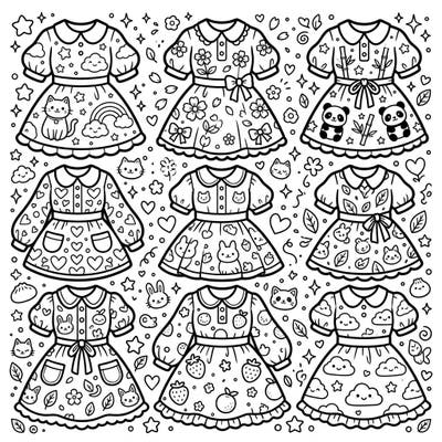 Unleash your creativity with this delightful coloring page featuring an array of charming Kawaii shift dresses. Each dress boasts unique, adorable patterns, promising hours of engaging artistic fun for fashion lovers and coloring enthusiasts alike.