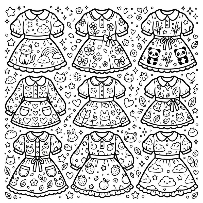 Unleash your creativity with this delightful coloring page featuring an array of charming Kawaii shift dresses. Each dress boasts unique, adorable patterns, promising hours of engaging artistic fun for fashion lovers and coloring enthusiasts alike.