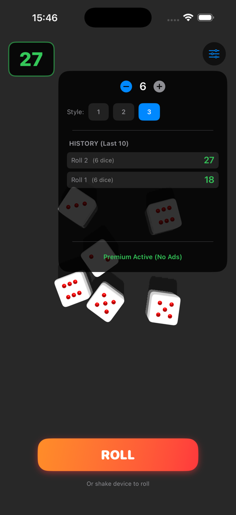 Pocket Dice - 3D Roll - Interfaz de la aplicación Pocket Dice 3D que muestra el historial de lanzamientos y la configuración de los dados.