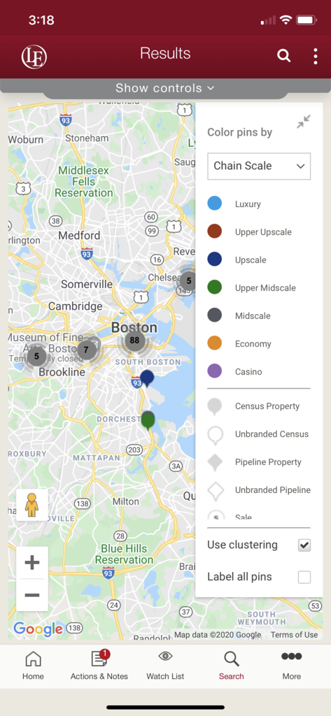 LE Business Development - Kartenoberfläche der LE Business Development App, die Ergebnisse von Hotelprojekten in Boston zeigt.