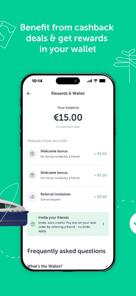 Pantalla de Recompensas y Cartera de la aplicación Welcome Pickups que muestra el saldo de crédito y el historial de transacciones.
