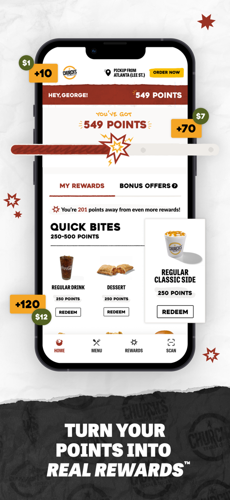 Church's Texas Chicken® - Churchs Texas Chicken app screen showing loyalty points and menu items available for redemption