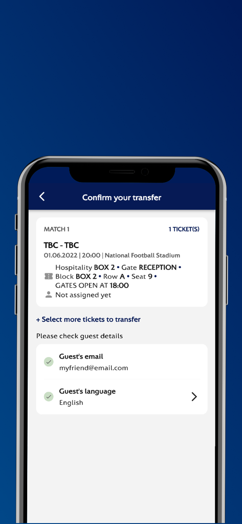 Confirm ticket transfer screen in the UEFA Mobile Tickets app showing match details and guest email