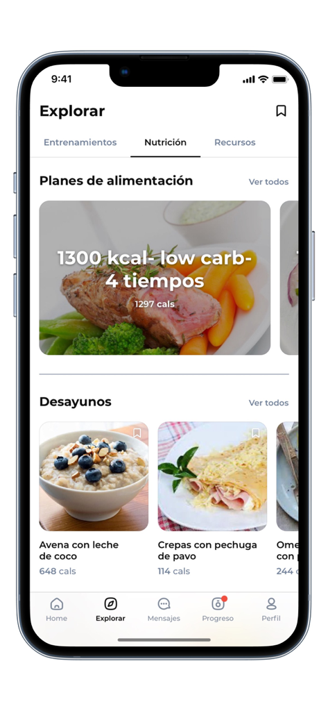 Interfaz de la aplicación wOS by Andie que muestra planes de comidas nutricionales y recetas de desayuno en español.