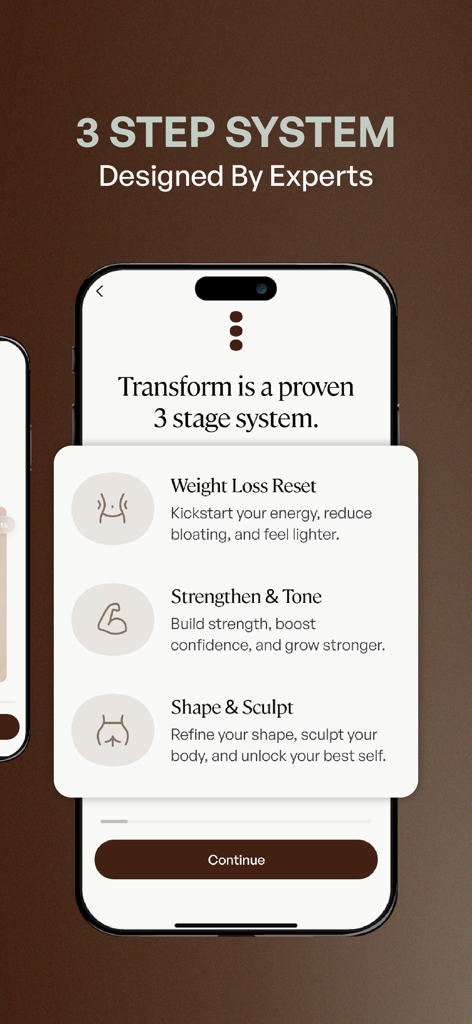 Transform by Fitaz app interface displaying a three stage fitness system for weight loss, toning, and sculpting.