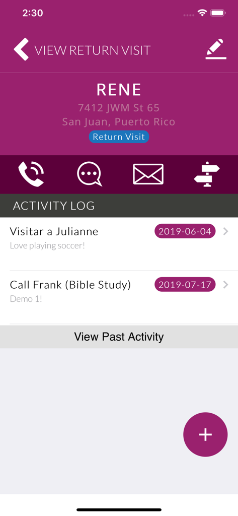 Screen showing details of a return visit contact including activity log and communication icons