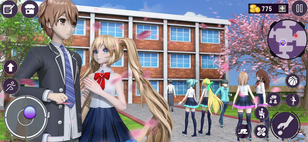 Anime High School Girl Sim - Anime girl and boy characters in school uniforms standing on a high school campus with falling cherry blossoms