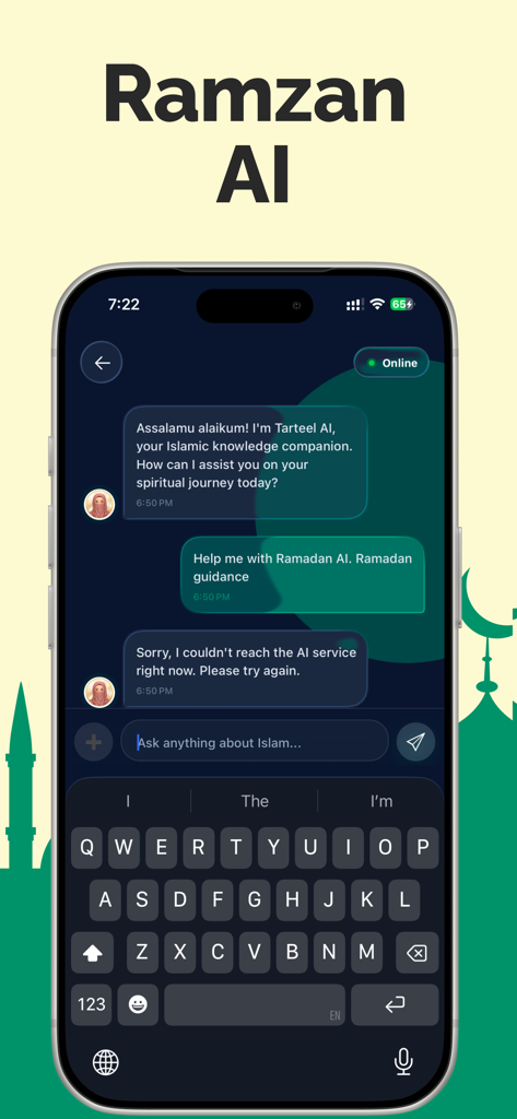 Mobile app screen showing an Islamic AI chat interface for Ramadan guidance.