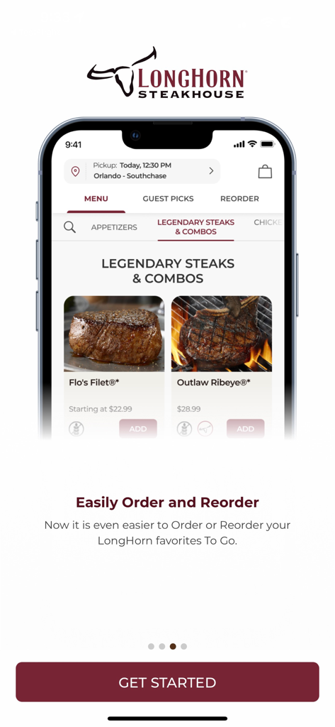 LongHorn Steakhouse® - LongHorn Steakhouse mobile app displaying the legendary steaks menu with options to order and reorder