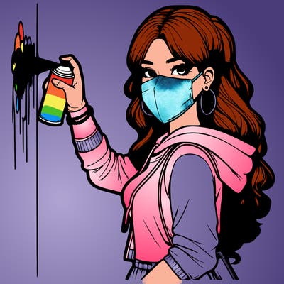 realistic girl with mask spray painting a wall