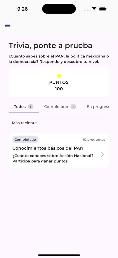 Partido Accion Nacional - Écran de l'application mobile montrant une section de culture générale politique avec des quiz sur le parti PAN et un suivi des points.