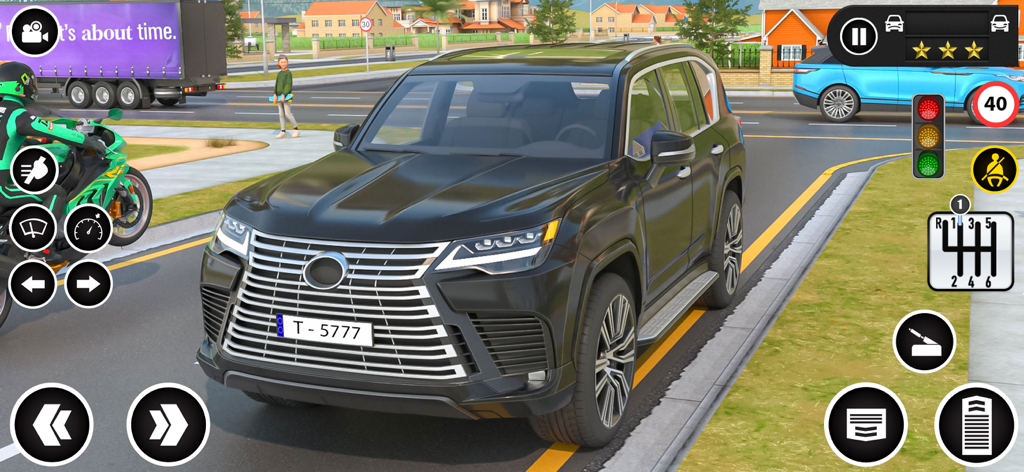 Un SUV de lujo negro en una simulación de conducción urbana con palanca de cambios manual e indicadores de reglas de tráfico