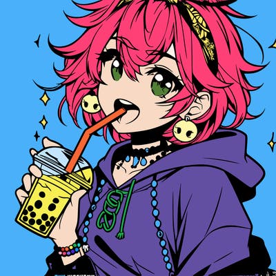 hot baddie anime girl drinking boba and biting the straw