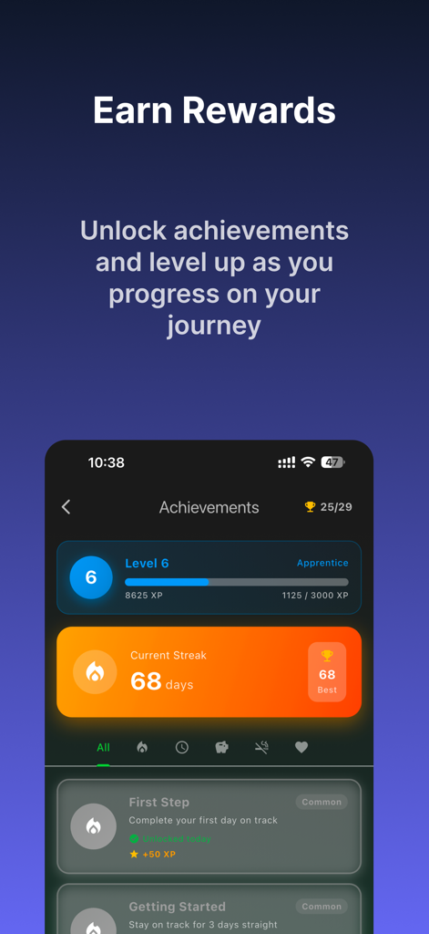 Interface showing gamified achievements levels and a sixty-eight day streak in the Smoke Free app.