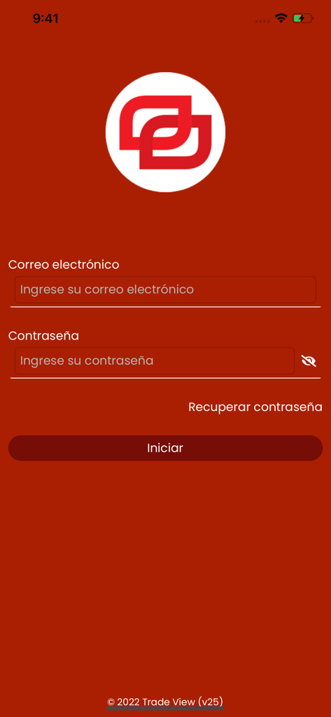 Anmeldebildschirm der TradeView Enterprise Productivity App mit Feldern für E-Mail und Passwort auf Spanisch.