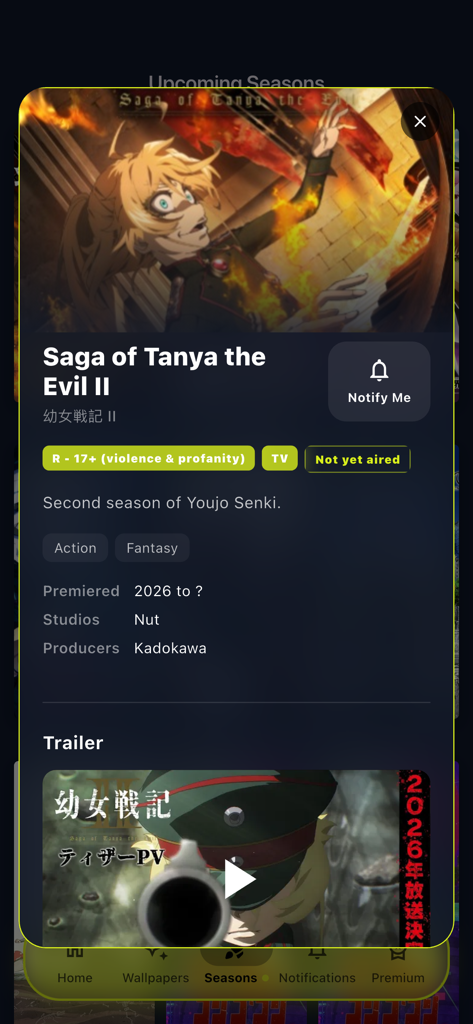 hianime animekai : anime plus - Hianime app screen showing details and trailer for Saga of Tanya the Evil II