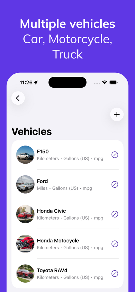 Fuelio - Gas Log & Mileage - Fuelio app screen showing a list of managed vehicles including cars and motorcycles