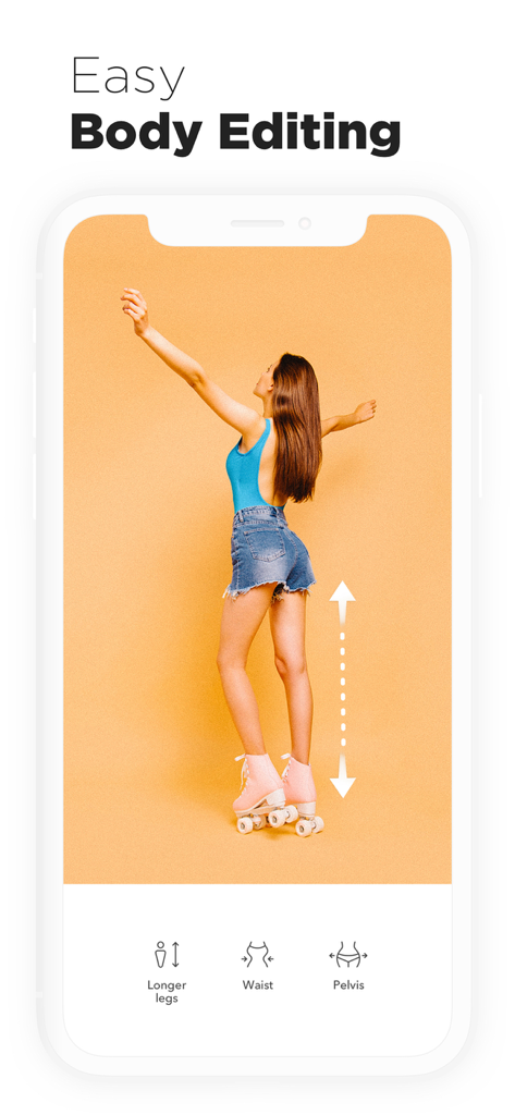 Candy Camera - Candy Camera app interface showing the easy body editing feature with a photo of a woman on roller skates