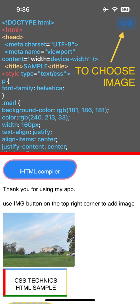 iHTML Compiler - Mobile app interface of iHTML Compiler showing HTML code on top and its live preview with an inserted image on the bottom.