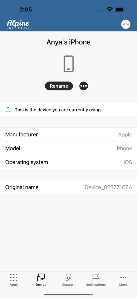 Uma tela de informações do dispositivo no aplicativo Intune Company Portal mostrando detalhes do iPhone e opções de gerenciamento
