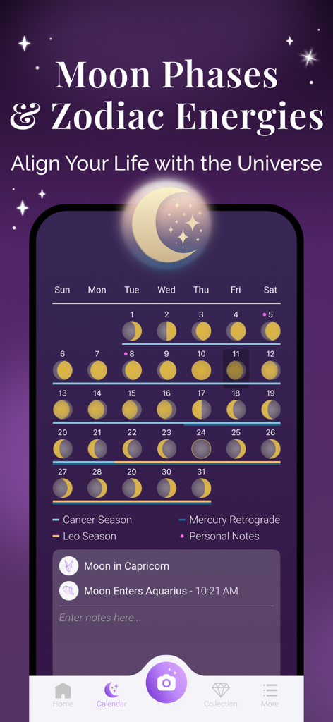 Calendário mensal de fases da lua e rastreador de energia do zodíaco no aplicativo Crystalyze.