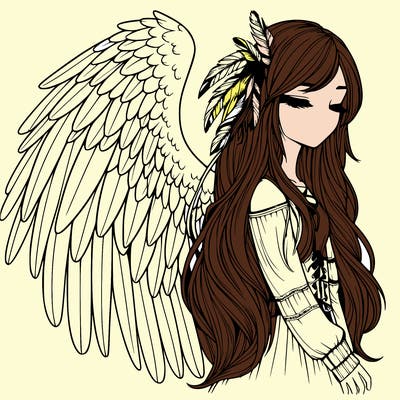 realistic girl with bird wings and some feathers in her hair